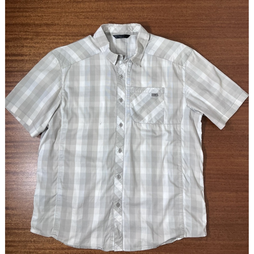 Arcteryx Mens Short Sleeve Plaid Button Down Shirt Grey White Check Pocket
